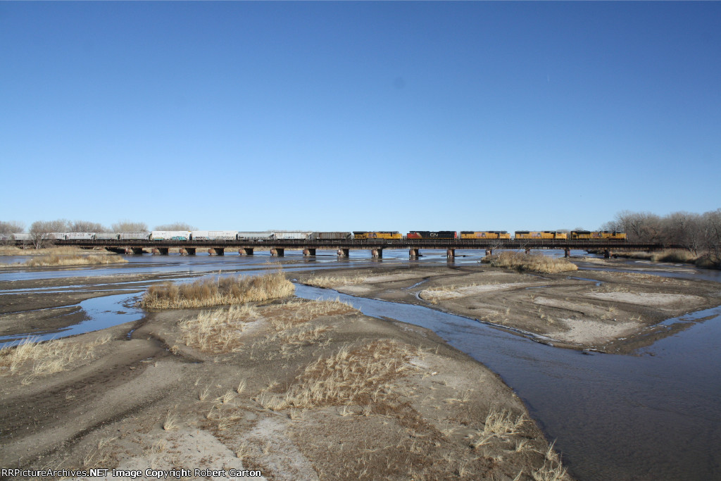 UP 8716, UP 5029, UP 4473, CN 8936, and UP 6893 bring a manifest train east over the Platte River